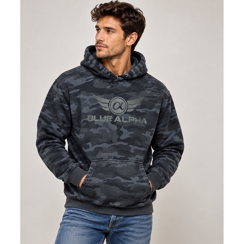Camo Blue Alpha Graphic Pullover Hoodie Men's Unisex Kangaroo Pocket